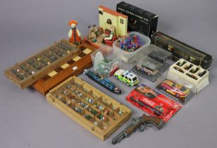 A modern carved wooden chess set, with case; various die-cast scale model vehicles; & various