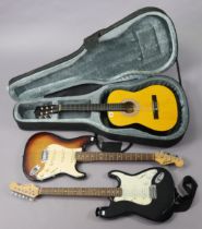 A Chantry six-string acoustic guitar (model no. 2459), cased; & two electric guitars, uncased.