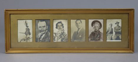 A framed display of six early 20th century autographed portrait photographs of actors and