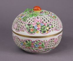 A Herend porcelain floral decorated pot-pourri bowl & cover with strawberry finial, 19cm diameter