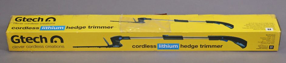 A G-Tech cordless Lithium hedge trimmer, as-new, boxed.