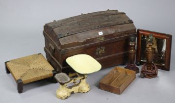 A grained-tin domed travelling trunk, 66cm wide; together with two wall mirrors; a loom corner