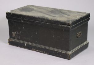 A late 19th century/early 20th century black painted pine blanket box (slight faults) having a