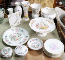 A set of Aynsley bone china floral decorated side plates, 17cm diameter; & various ditto vases,