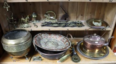 Two 19th century copper oval kettles; a Chinese or Tibetan copper & silvered circular dish with embo