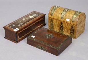 A 19th century rosewood trinket box with mother-of-pearl inlaid floral & butterfly decoration to the