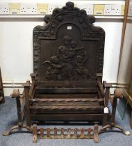 A 19th century cast-iron fireback with raised figure scene to the centre; & a ditto fire grate &