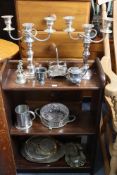A pair of silver-plated twin-branch table candelabras, 30.5cm high; & various other items of