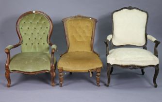 Two 19th century buttoned-back chairs; & a continental style armchair.