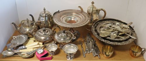 A silver plated three-piece tea service of circular semi-fluted design; a silver plated comport &