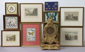 A 19th century continental-style gilt ornate mantel clock, 41cm high; together with various small