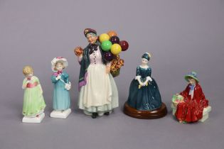 Five Royal Doulton bone china figures “Biddy Penny Farthing” (HN 1843), “Carrie” (HN 2800), “Cherie”