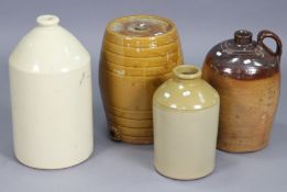 A Price of Bristol treacle glazed stoneware barrel, 46cm high; together with four stoneware flagons,