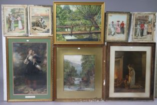 Various decorative paintings, prints, embroideries, photographs & picture frames.