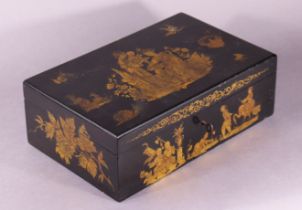 A Regency lacquer rectangular work box with penwork & gilt chinoiserie decoration on a black ground,