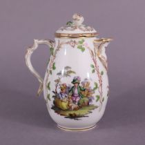 A late 18th century Berlin (KPM) porcelain chocolate pot with finely painted romantic figure