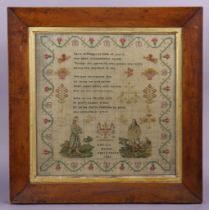 An early Victorian needlework sampler, wrought by Rebecca Mayne, Aged 9 Years, dated 1842, worked in