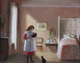 DEBORAH JONES (1921-2012). “My Favourite Room”, signed; oil on board: 20cm x 25cm, framed (32cm x