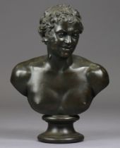 A 19th century large bronzed speltre bust of a faun, on round socle, 54cm high x 40cm wide (the base