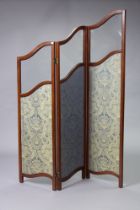 A late Victorian mahogany three-fold draft screen inset bevelled glass above silk damask panels,