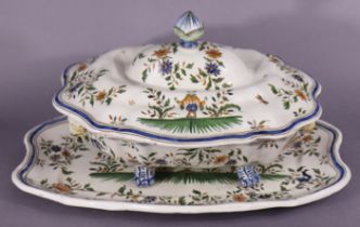 A late 19th/early 20th century French faience large two-handled tureen, cover, & stand, of fluted