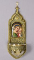 A late 19th/early 20th century gilt-brass stoup, inset rectangular porcelain plaque painted with the