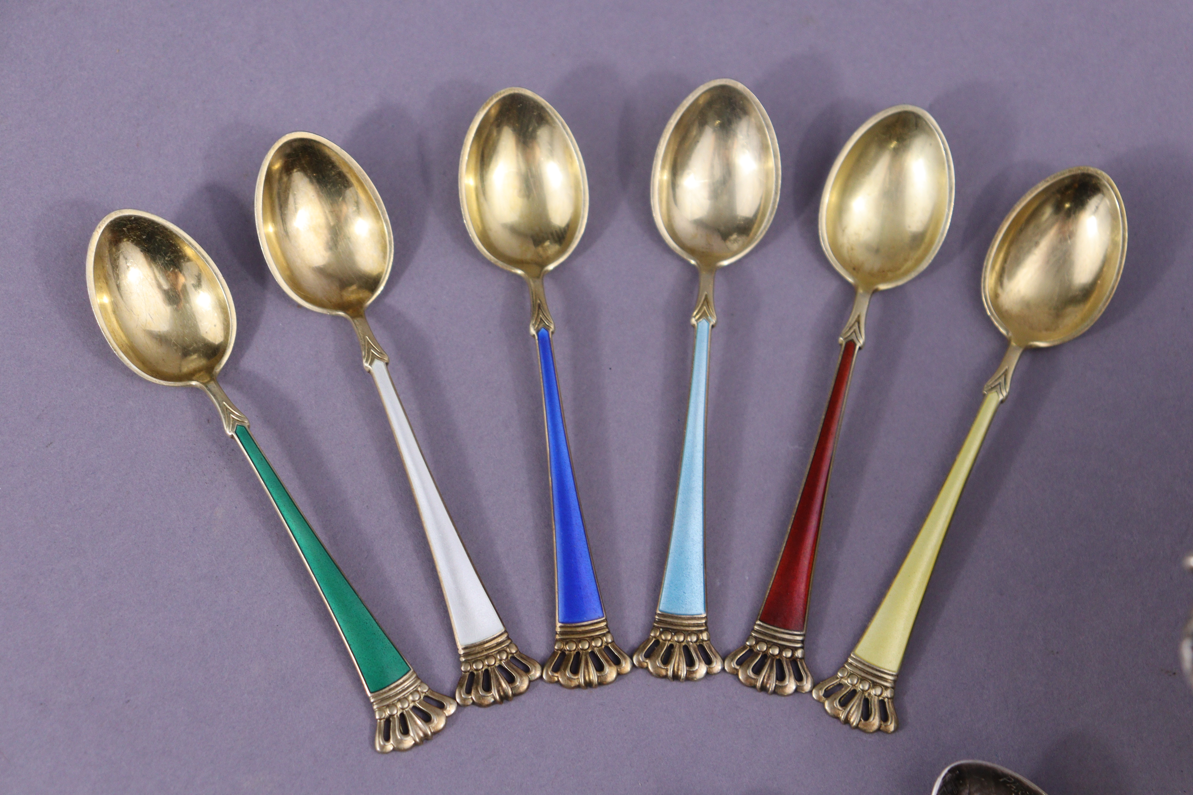 A set of six Danish sterling silver-gilt & harlequin enamel coffee spoons with crown terminals; - Image 2 of 3