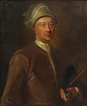 ENGLISH SCHOOL, 18th century. Portrait of a wood-worker, full-length, wearing grey hat & holding