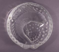 A Lalique “Concarneau” crystal glass circular dish, with moulded Koi carp decoration, 16cm, engraved