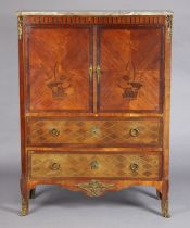 A 19th century style continental marquetry-inlaid mahogany side cabinet with marble top & gilt-metal