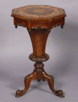 A Victorian burr walnut needlework table with marquetry-inlaid octagonal hinged top with fitted