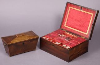 A Victorian rosewood needlework case, the silk-lined interior with removable tray fitted with
