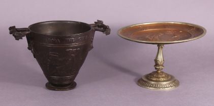 A mid-19th century French patinated bronze two-handled vessel in the Grecian style, with classical