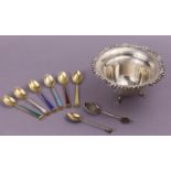 A set of six Danish sterling silver-gilt & harlequin enamel coffee spoons with crown terminals;