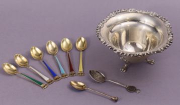 A set of six Danish sterling silver-gilt & harlequin enamel coffee spoons with crown terminals;