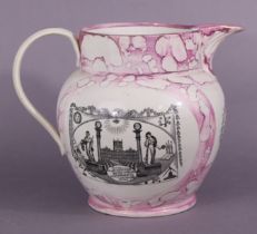 A 19th century Sunderland pink-lustre large jug with transfer-printed decoration "A West View of the