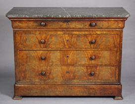 An early 19th century French figured mahogany commode, with green marble top, fitted one long