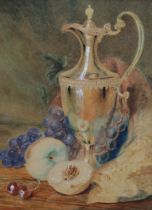 ENGLISH SCHOOL, mid-19th century. Still life study of fruit with metal ewer, signed indistinctly &