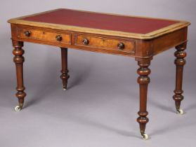 A Victorian mahogany writing table, inset red leather to the rectangular top (later), fitted two