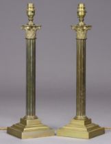 A pair of 20th century brass table lamps in the form of fluted Corinthian columns, 49cm high x