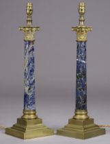 A pair of 20th century blue marble & brass table lamps with Corinthian capitals, tapered columns &