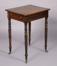 A Victorian mahogany side table with hinged rectangular top concealing two storage compartments,