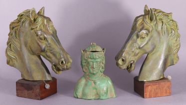 A Romanesque bronze Janus-form balsamarium, 14cm high; & a pair of modern Greek composition horse-