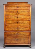A 19th century French walnut tall chest, fitted seven long drawers, in two sections, with moulded