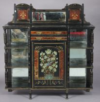 A Victorian aesthetic movement ebonised and painted sideboard with shaped mirror-back, fitted two