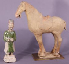 A Chinese terracotta model of a horse standing on rectangular base, 33cm high; & a ‘nodding-head’