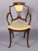 An Edwardian inlaid-rosewood elbow chair with pierced splat back, open arms & padded saddle-shaped
