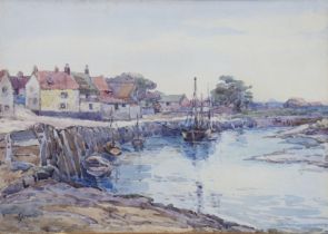W. IRMANOFF, early 20th century. A river quay with moored vessels; signed & dated 1906 lower left;