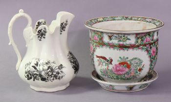 A modern Chinese pottery jardiniere & stand in the Cantonese style, & a late Victorian toilet jug.