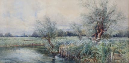 ENGLISH SCHOOL, 19th century. A fenland scene with pollarded willows by the water; signed with